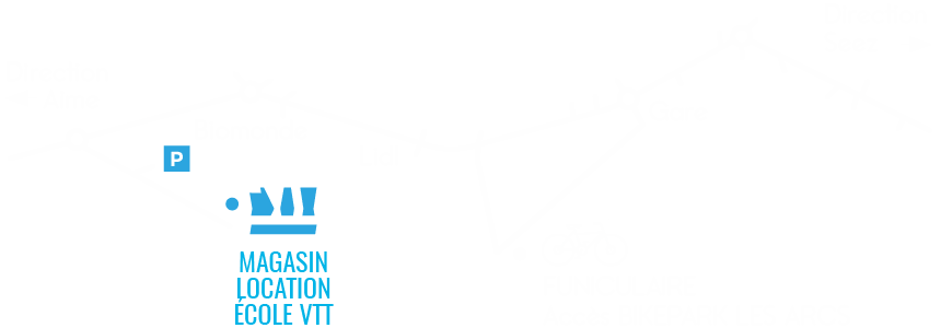 Plan d'accès au magasin et à l'atelier de location et d'école VTT à Bourg-Saint-Maurice : au premier rond-point en provenance d'Aime / Moûtiers, prendre à droite, direction du quartier des alpins.